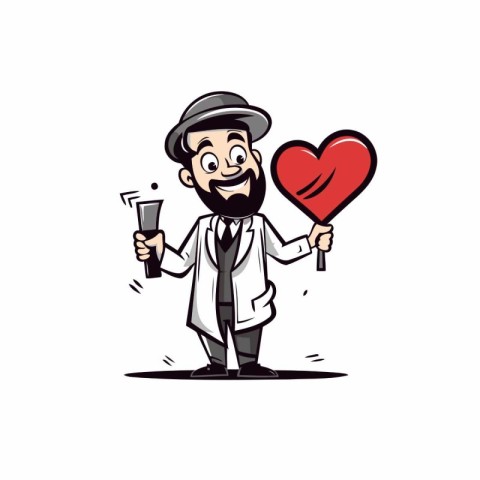 Cartoon doctor holding a syringe and a heart. Vector illustratio