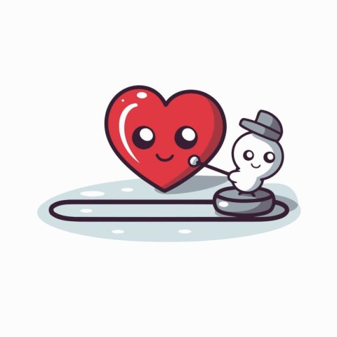 Smiling red heart with snowman. Vector cartoon character illustr