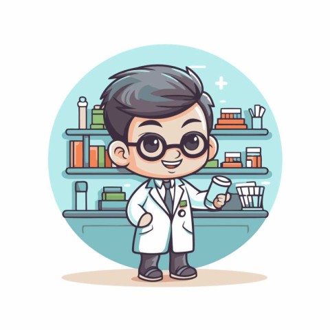 Cartoon doctor holding a bottle of medicine. Vector character il