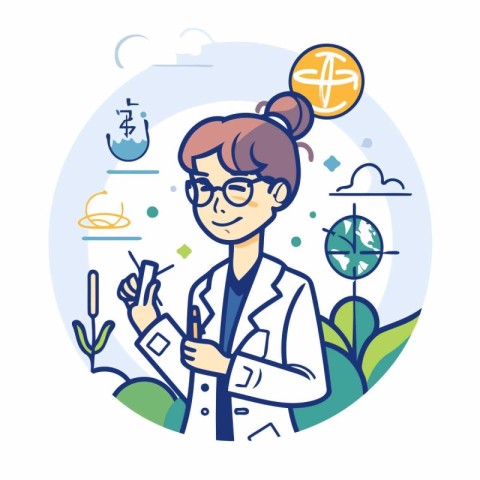 Vector illustration of a female scientist in a white coat and gl