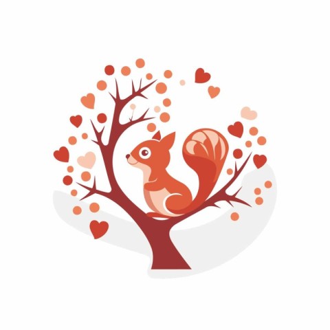 Cute squirrel in the tree with hearts. Vector illustration for y