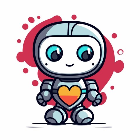 Cute cartoon robot with heart. Vector illustration of a little r