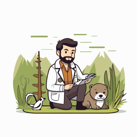 Veterinarian with dog and cat in nature vector illustration grap