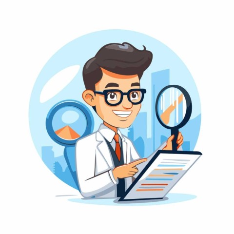 Doctor with magnifying glass and clipboard. Vector illustration