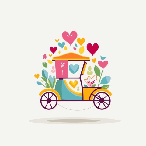 Cartoon carriage with flowers and hearts. Vector illustration in