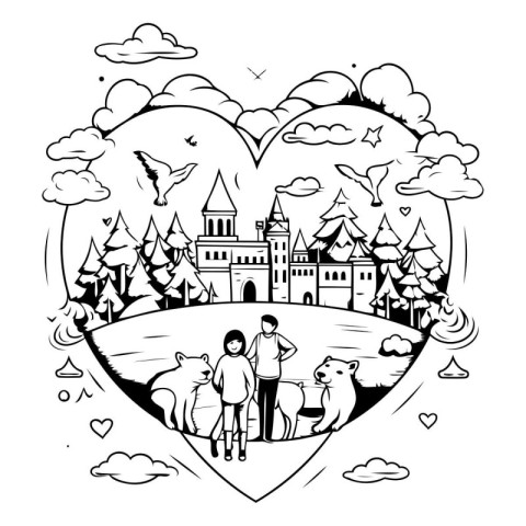 Castle in heart shape. Black and white vector illustration for c