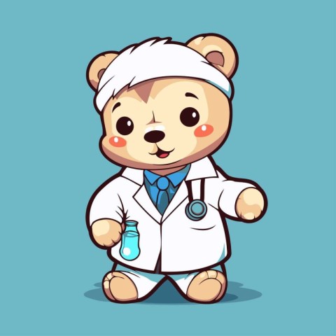 Cute cartoon bear doctor with stethoscope. Vector illustration.