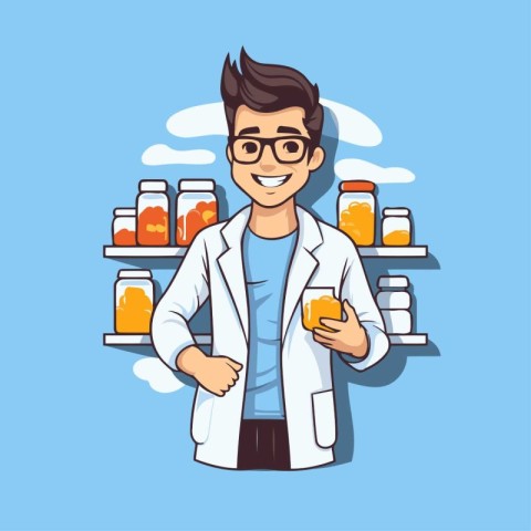 Pharmacist holding a bottle of orange juice. Vector illustration