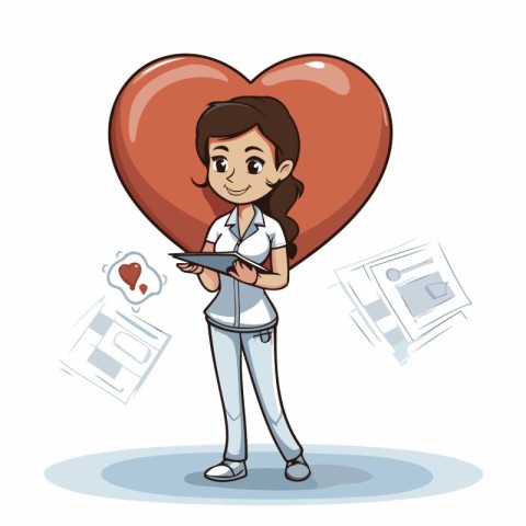 Cartoon nurse holding a tablet and a heart. Vector illustration.