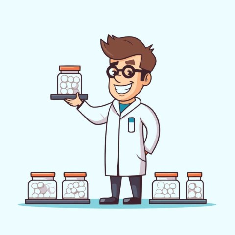 Pharmacist with pills in his hand. Vector cartoon illustration.