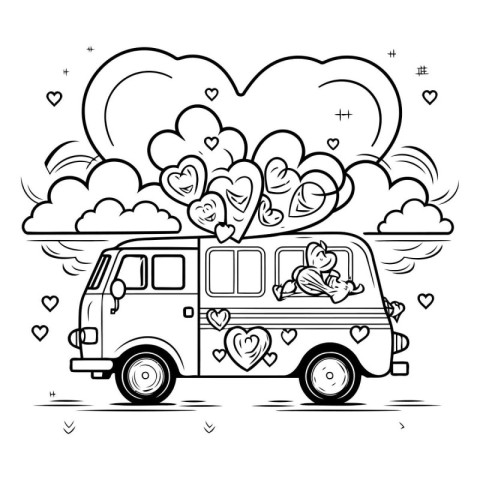 Black and white vector illustration of a couple in love driving