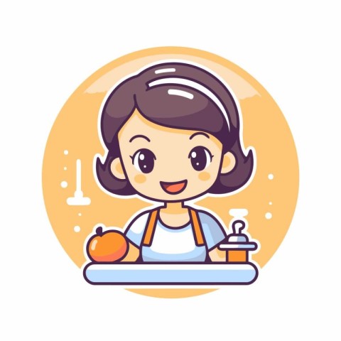 Cute little girl with a tray of food. Vector illustration.