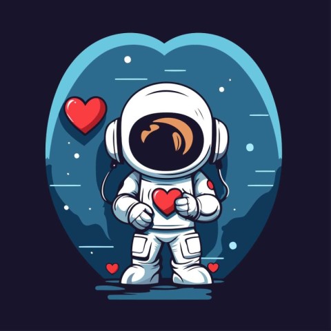 Astronaut holding heart in his hands. Vector illustration on dar