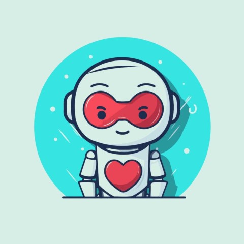 Cute robot with red heart. Vector illustration in cartoon style.