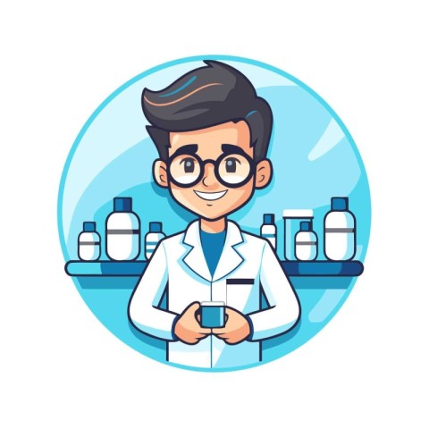 Cartoon character of a young man in a lab coat. Vector illustrat