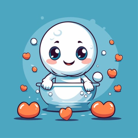 Cute cartoon snowman in a pot with hearts. Vector illustration.