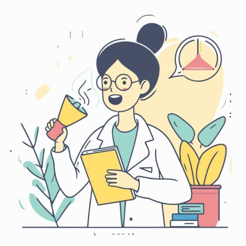 Vector illustration of a female scientist with a book and a mega