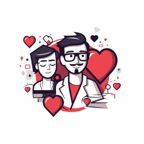 Vector illustration of doctor and patient in love. Line art styl