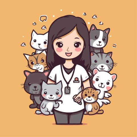 Veterinarian woman with cute cats. Vector illustration in cartoo