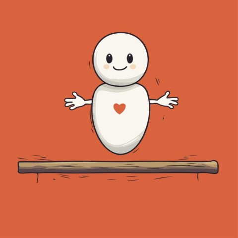 Snowman on a wooden log with a red heart. Vector illustration