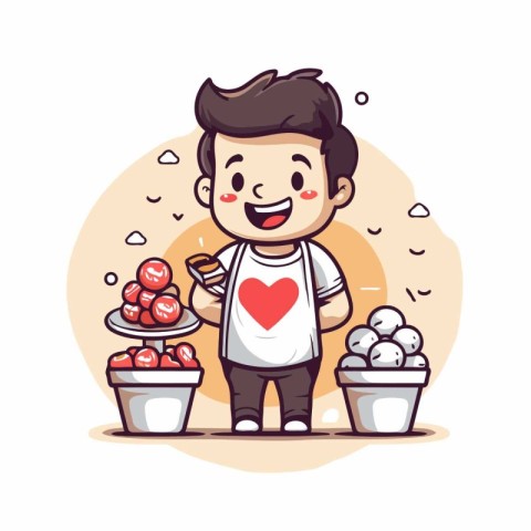 Cute little boy holding red heart and cherry. Vector illustratio