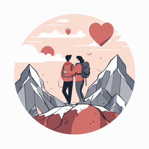 Couple in love on top of a mountain. Vector illustration.