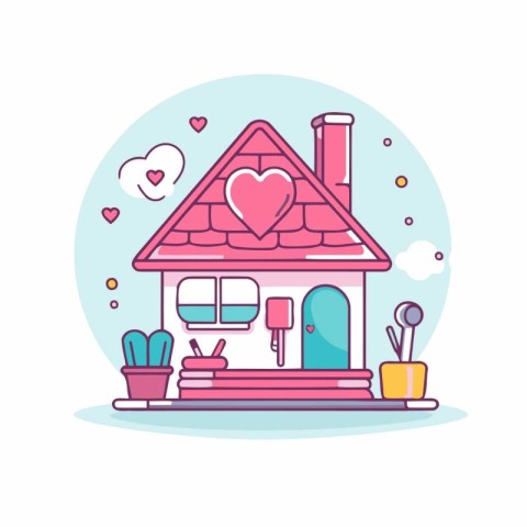 House with heart and flowers in flat style. Vector illustration