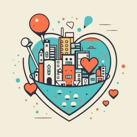 Colorful vector illustration of city in heart shape. Love concep