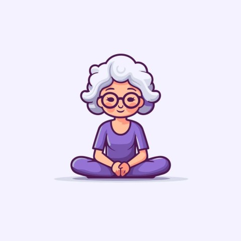 Elderly woman sitting in lotus position. Vector illustration.