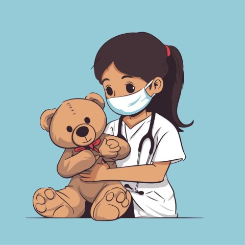 Cute little girl playing doctor with teddy bear. Vector illustra