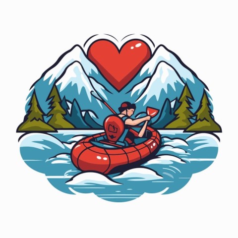 Couple on inflatable boat with heart in the water. Vector illust