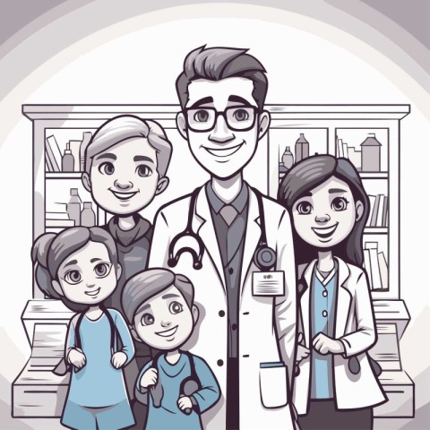 Doctor and his family. Vector illustration in cartoon style. Med