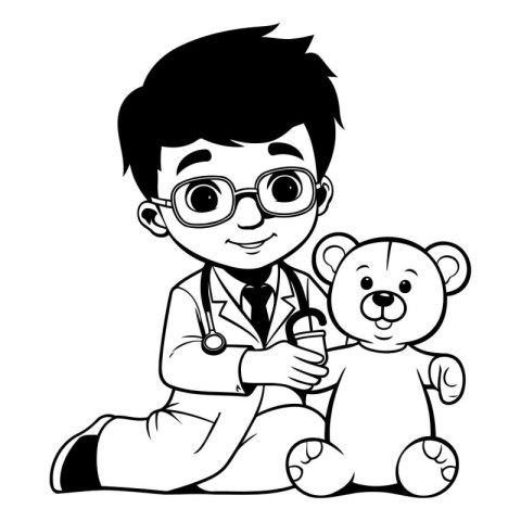 doctor with teddy bear and stethoscope cartoon vector illustrati