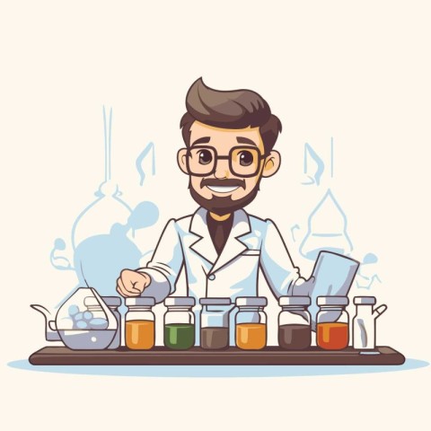 Scientist with chemical flasks in laboratory. Vector illustratio