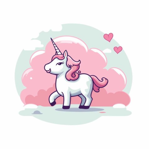 Cute cartoon unicorn with pink clouds and hearts. Vector illustr