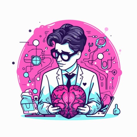 Vector illustration of a man scientist with a brain in his hands