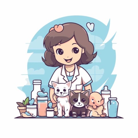 Vector illustration of a cute little girl in a veterinary clinic