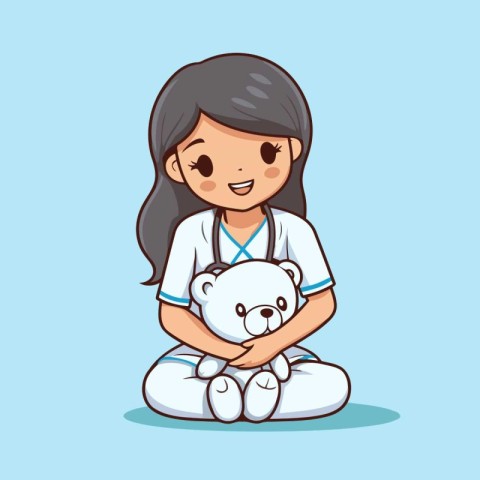 Nurse with teddy bear. Cute cartoon vector illustration.