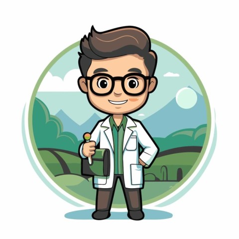 Doctor cartoon character on the nature background. Vector illust