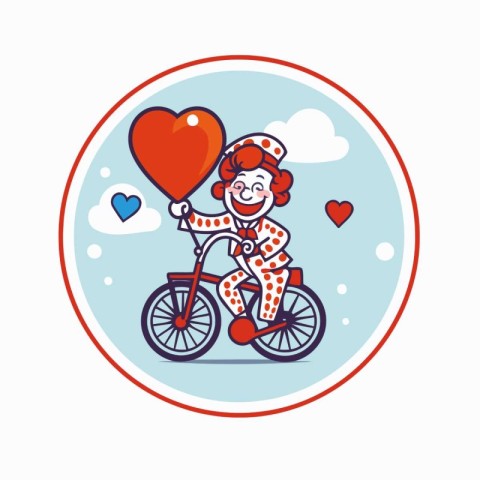 Clown riding bicycle with heart-shaped balloon. Vector illustrat