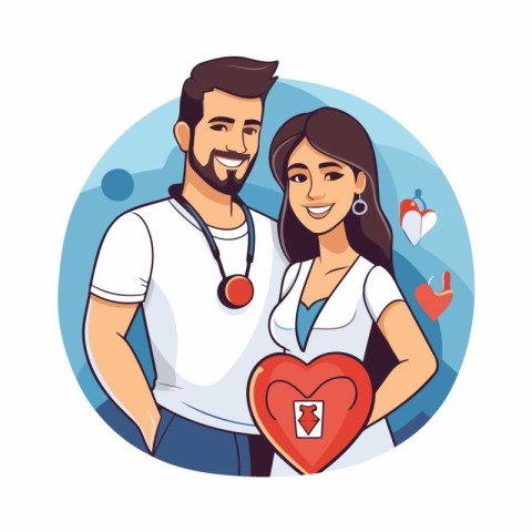 Couple of doctors with stethoscope and heart cartoon vector illu