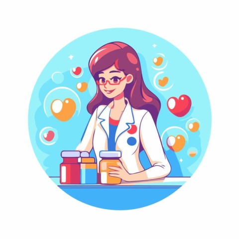 Doctor with stethoscope and pills. Vector illustration in cartoo