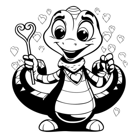 Black and white graphic illustration of a snake holding a magic