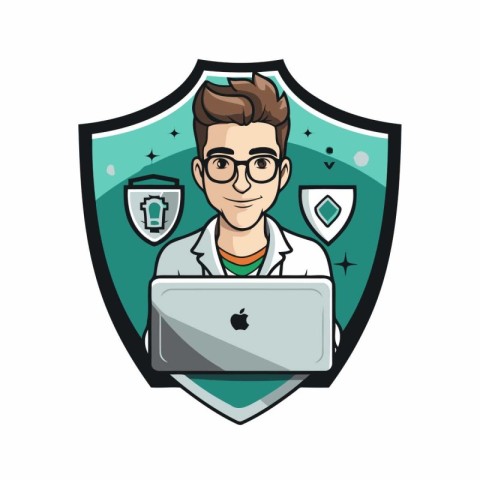 Vector illustration of a doctor with laptop and shield in the ba