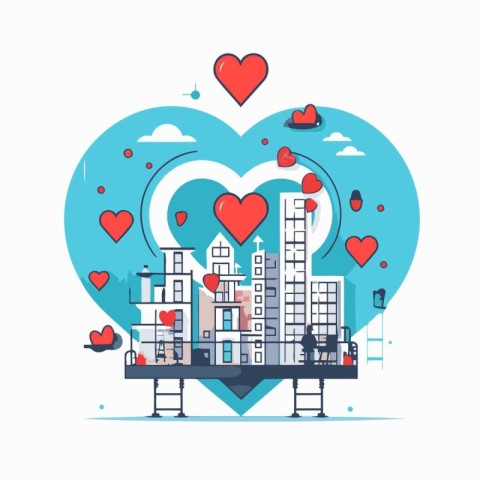 Vector illustration of city in heart shape. Love and romance con