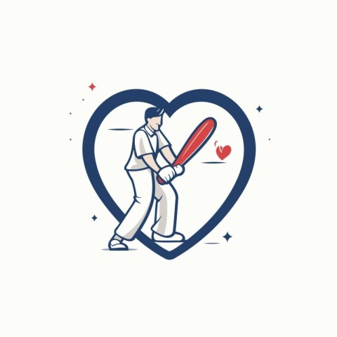 Cricket player with bat in heart shape. Line art vector illustra