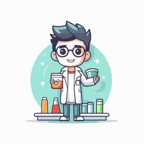 Cute cartoon scientist holding a flask and a glass of milk. Vect