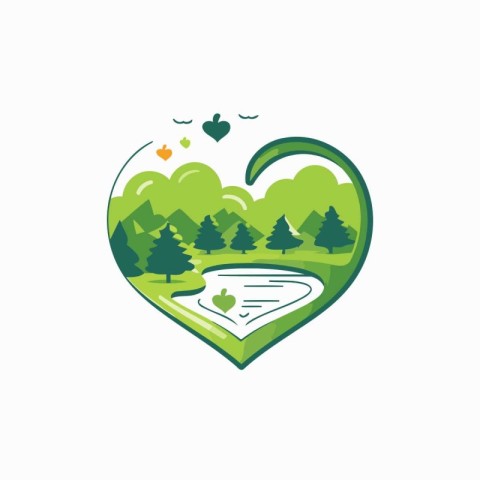 Heart shape with forest and river. Vector illustration in flat s