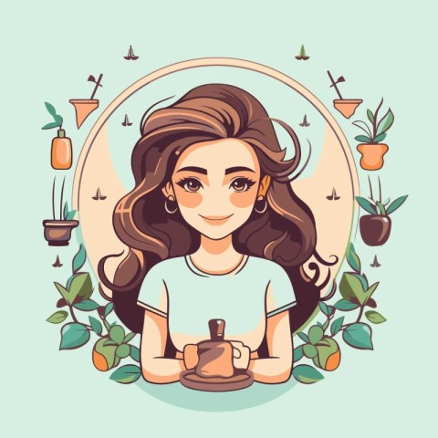 Beautiful girl with a cup of tea. Vector illustration in cartoon