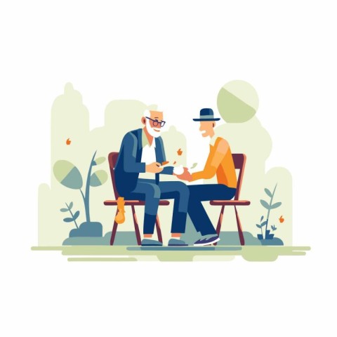 Elderly couple sitting on a bench in the park. Flat vector illus